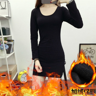 加厚加绒长袖显瘦内搭t恤女冬季装中长款修身包臀打底衫保暖上衣T