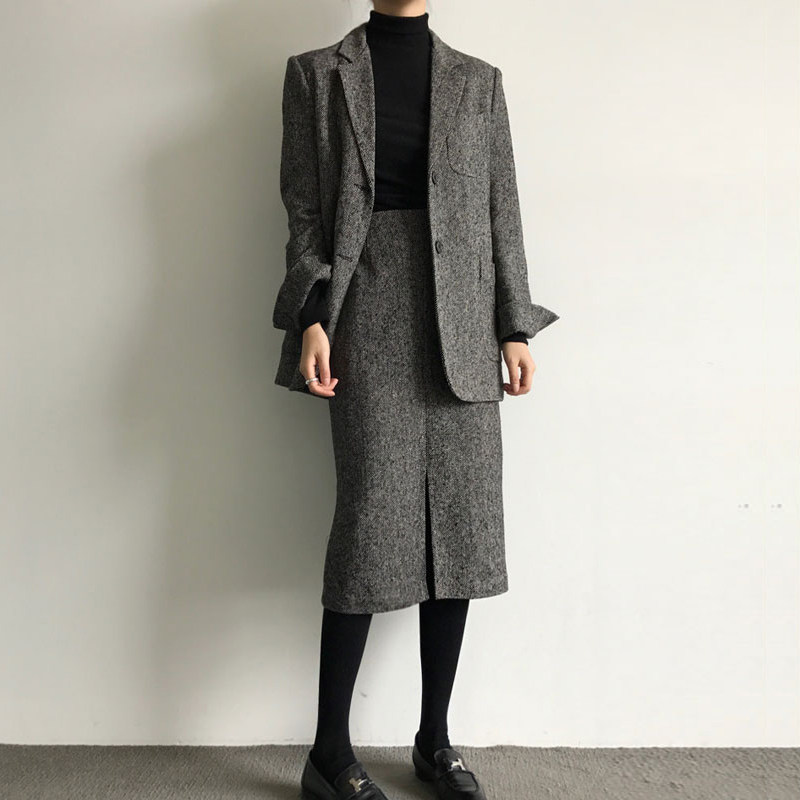 2024 새로운 겨울 의류 한국 스타일 패션 캐주얼 느슨한 모직 정장 재킷과 스커트 정장 여성 유행