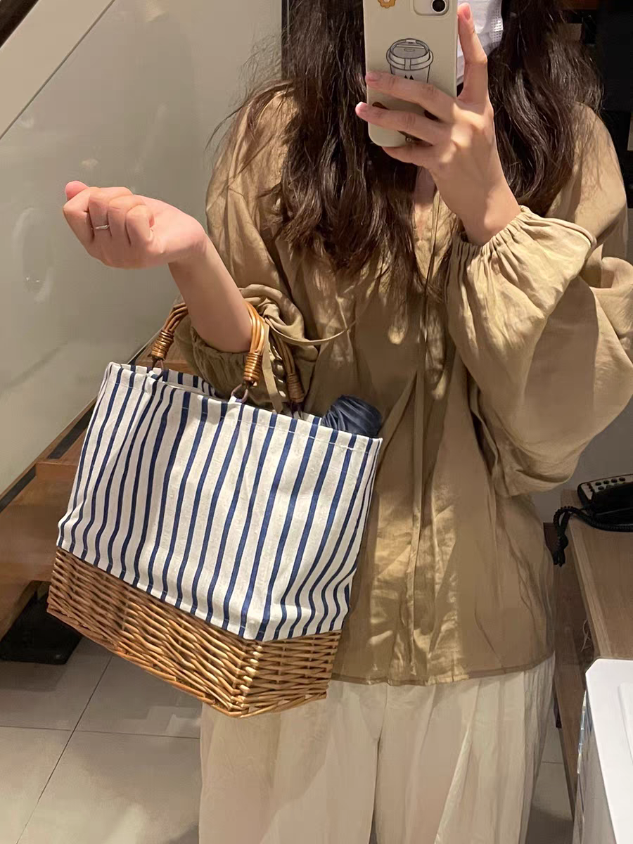 韩国ins草编包帆布藤编包超大