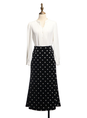 伊琪春秋黑色波点高密丝绒复古鱼尾裙高腰长款显瘦包臀裙可定做