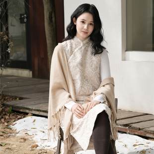 2025冬米黄雪尼尔国风提花夹棉无袖马甲旗袍【白简朱衣原创设计】