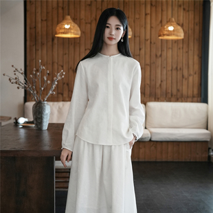 白简朱衣原创设计 2025秋白色提花棉天丝羊毛混纺中式 衬衣