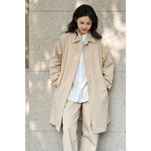 2026纯棉斜纹米黄色中长款加里衬风衣外套【白简朱衣原创设计】