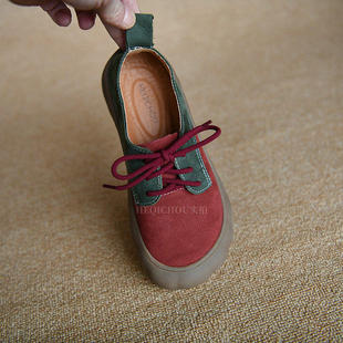 何其丑牛皮复古圆头撞色系带勃肯鞋女新款真皮舒适休闲鞋平底女鞋