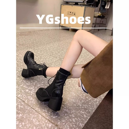 水洗缩纹牛皮恨天高短靴女秋冬新款真皮高跟瘦瘦靴系带粗跟马丁靴