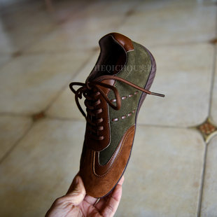 何其丑超轻时尚休闲运动鞋女春季新款真皮系带德训鞋女平底单鞋