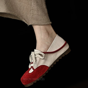 何其丑软羊皮两穿复古拼色圆头平底系带德训鞋女新款软底休闲女鞋