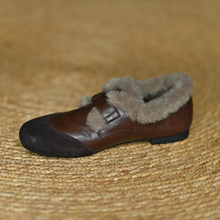 何其丑超软牛皮保暖加绒单鞋女冬季新款真皮软底乐福鞋毛毛平底鞋
