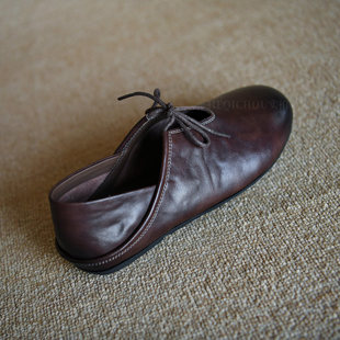 何其丑软牛皮圆头软底软面玛丽珍鞋春季新款真皮系带单鞋女平底鞋