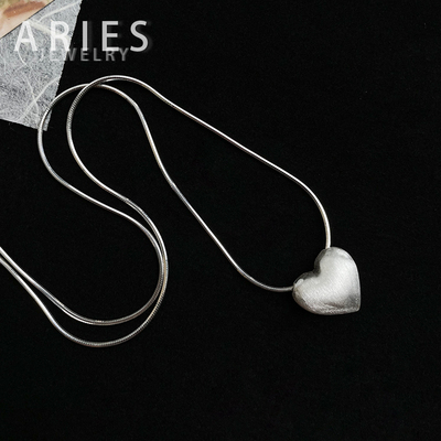 S925纯银女银大版拉丝爱心项链