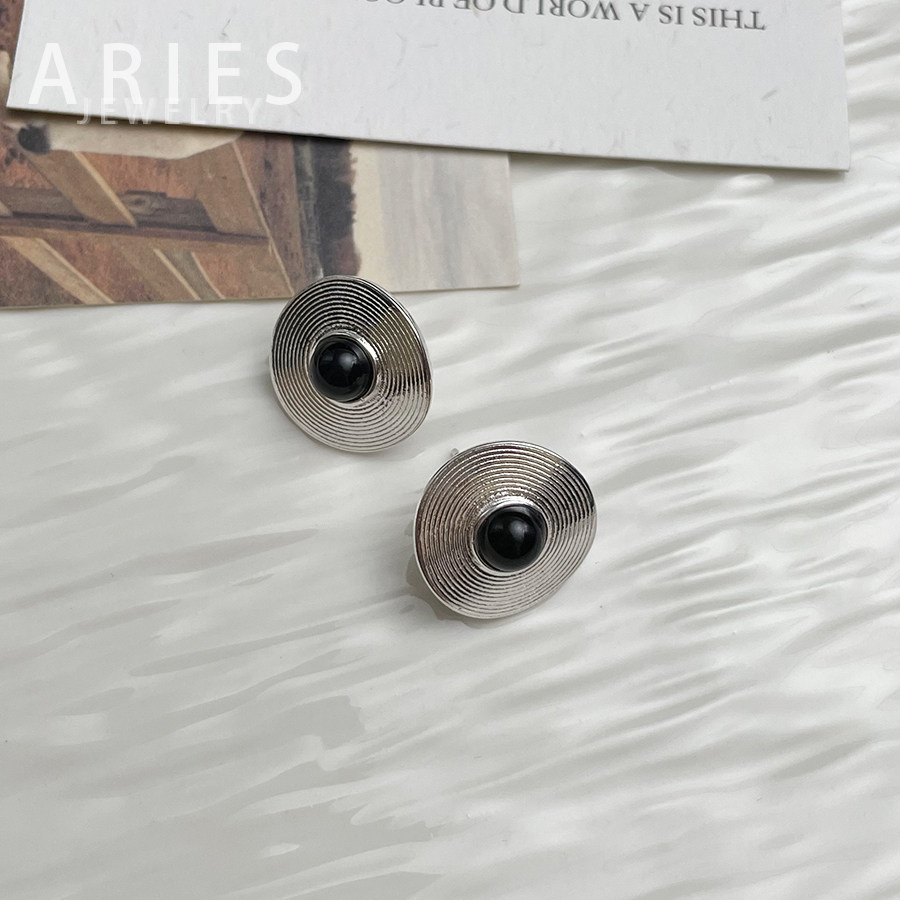 Aries S925纯银黑玛瑙圆饼耳钉小众设计ins冷淡风圆圈纹理耳环