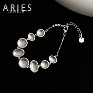 Aries 法式复古简约素银圆饼手链S925纯银小众轻奢哑光高级质感