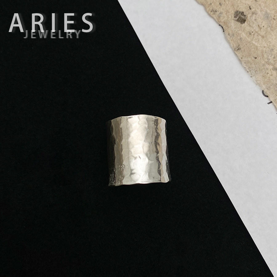 Aries 法式复古冷淡风锤纹戒指S925纯银欧美设计感破旧风时尚开口