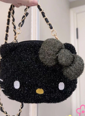 hello kitty闪闪大脸包斜挎包小圆包银丝墨绿kitty包包