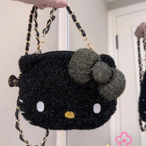 hello kitty闪闪大脸包斜挎包小圆包银丝墨绿kitty包包