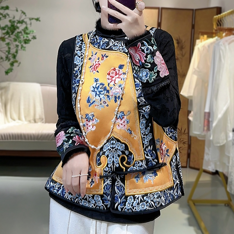 唐装中国风女装汉服秋冬复古上衣中式棉服醋酸民族风刺绣小袄马甲