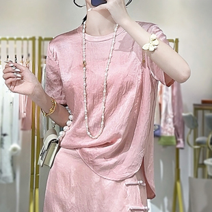 新中式女装夏季唐装汉服2024年轻款短袖打底内搭高端醋酸国风上衣