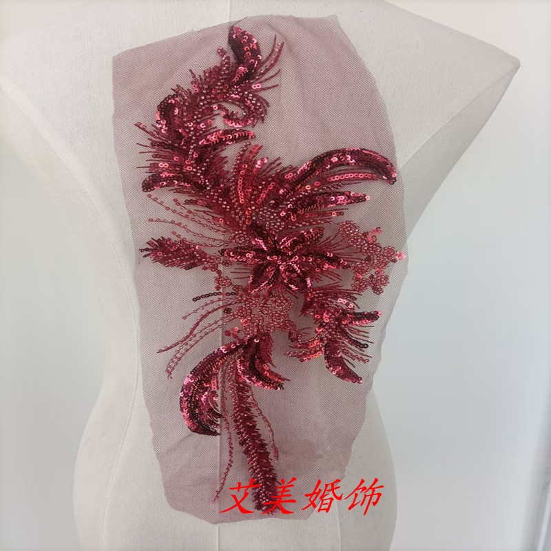 酒红色网纱机器钉珠蕾丝花贴diy妈妈装礼服旗袍辅料花边亮片刺绣