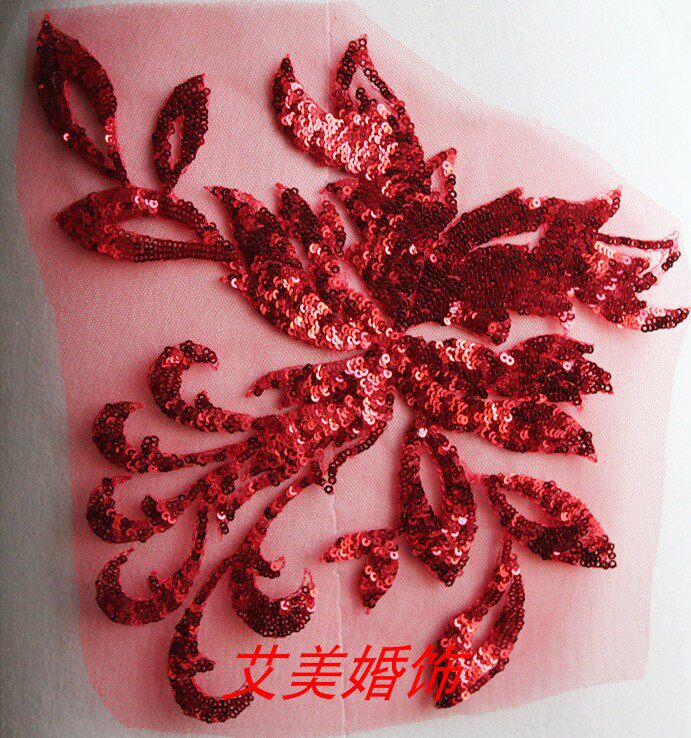红色亮片刺绣蕾丝花贴闪亮珠片花手工diy服装辅料花边礼服装饰