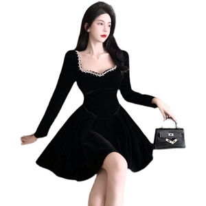 RM24369#新款法式方领赫本风重工钉珠A字蓬蓬裙短款