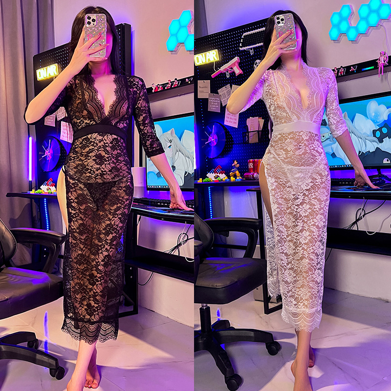 性感内衣美背低胸蕾丝花纹侧开叉长裙夜店公主裙透视紧身火辣睡裙