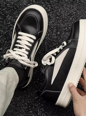 黑白色厚底增高低帮男士板鞋美式高街复古小众高级感ro休闲皮鞋潮
