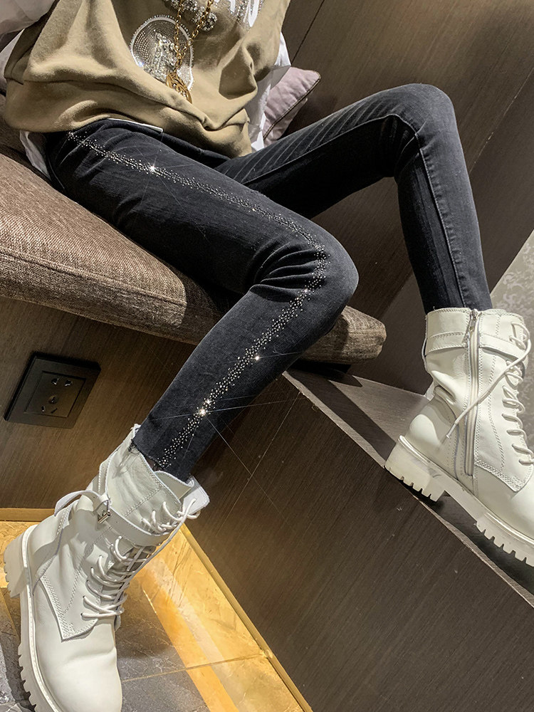 Black jeans women's 2020 autumn new European station heavy industry hot drill high waist thin plus velvet slim cigarette tube pants