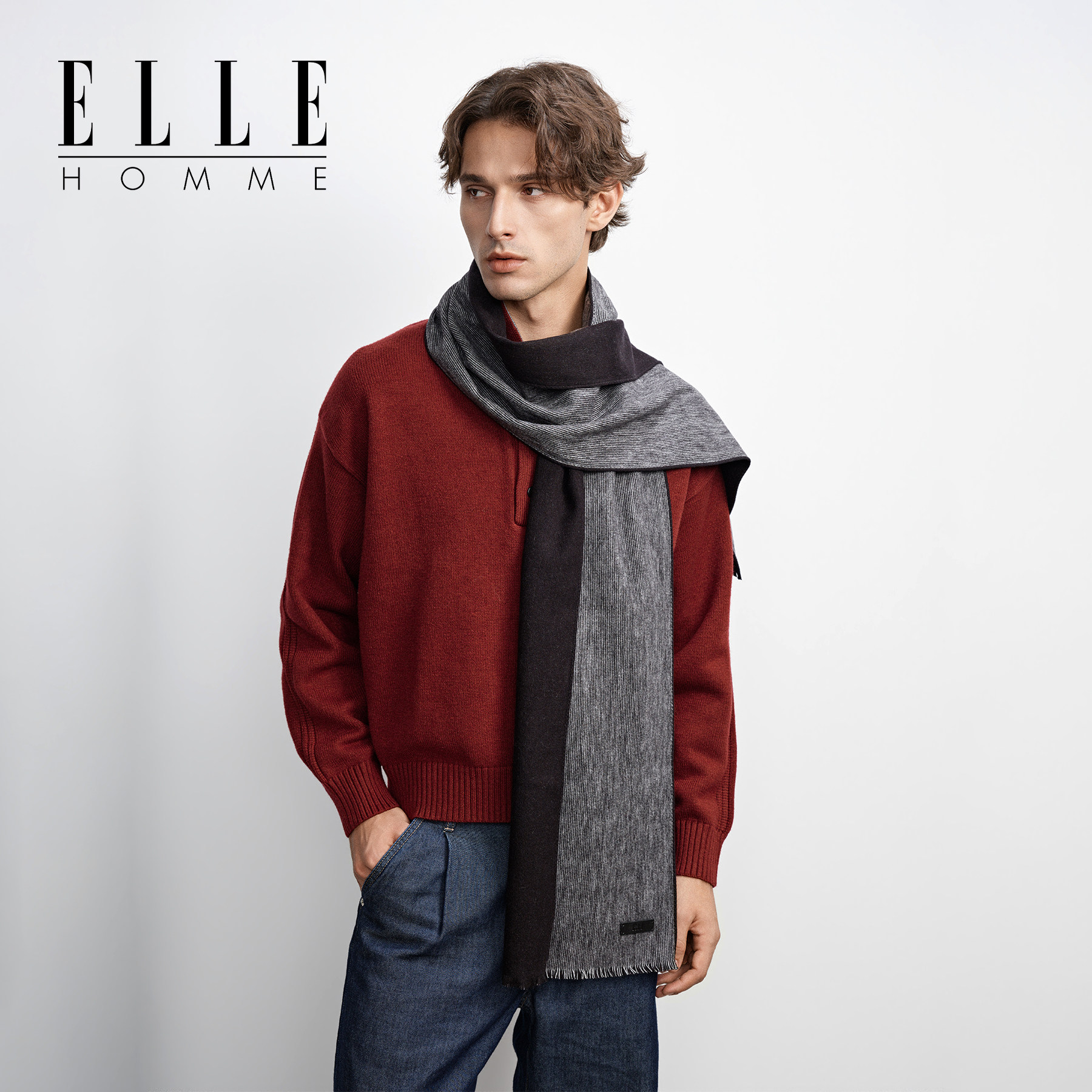 ELLE HOMME100%桑蚕丝真丝拉绒围巾男士秋冬季商务围脖送礼礼盒装