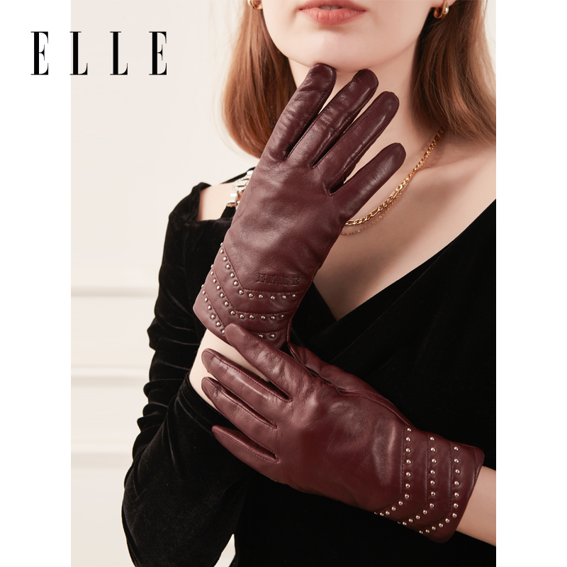 ELLE女士手套真皮羊皮秋冬保暖防风防寒