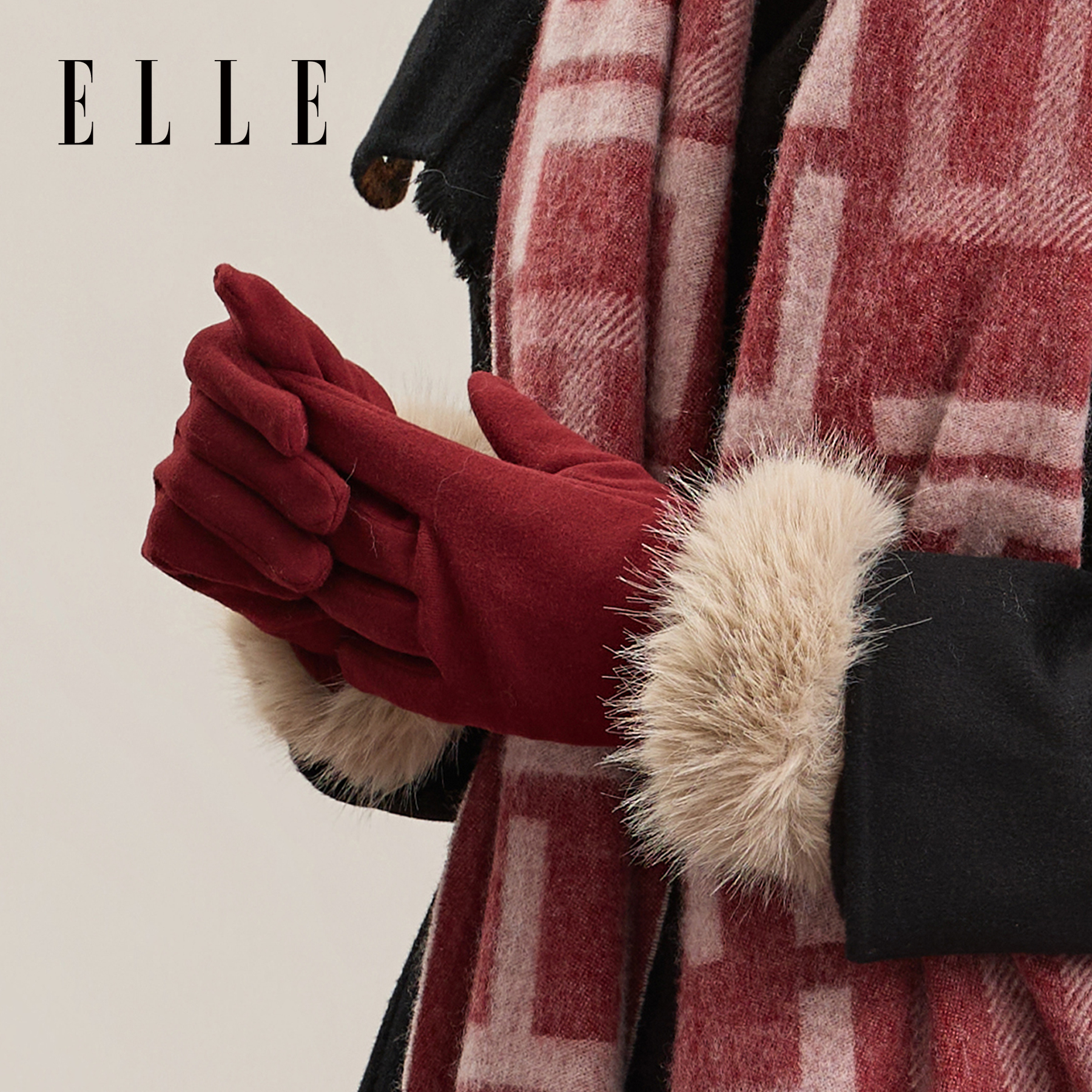 ELLE毛绒手套女士秋冬保暖加绒
