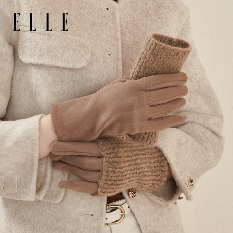 ELLE露指手套学生骑车秋冬女分指触屏开车针织双层防寒保暖加厚
