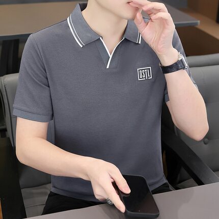 V领有领带领t恤男士欧美式翻领短袖polo衫休闲上衣服男装夏季半袖