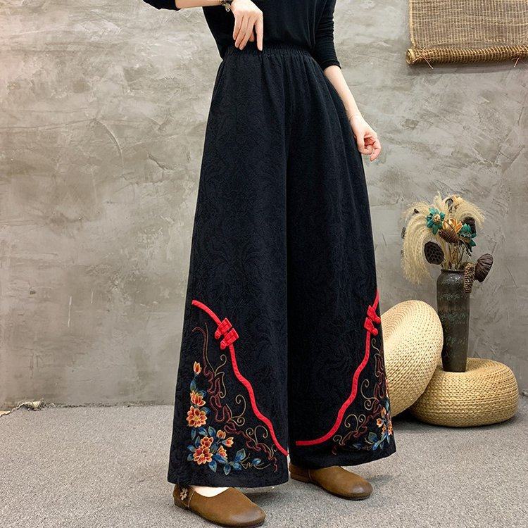 中老年唐装绣花阔腿裤女裤春秋妈妈女装裙裤民族风奶奶裤子