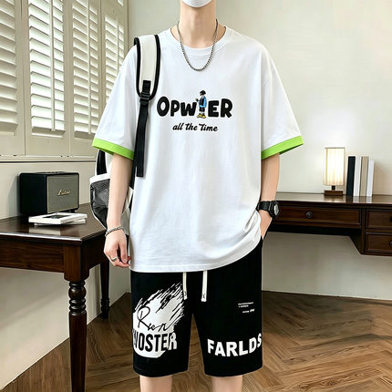 夏季青少年潮流美式短袖休闲百搭薄款半袖t宽松凉感圆领假两件T恤