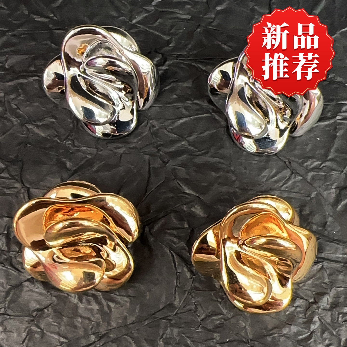 亮面扭曲花朵金属耳钉立体褶皱