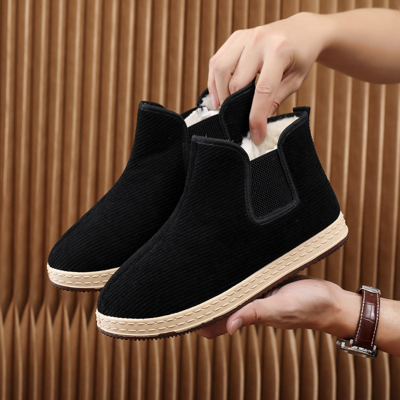 加厚保暖男棉鞋黑色复古布棉鞋老人棉鞋老北京布鞋厚底软底爸爸鞋