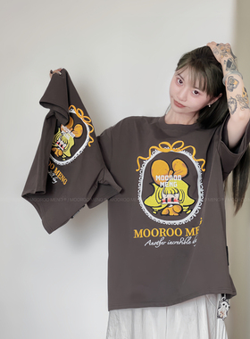 新品原创酱酱少女心花园刺绣重磅深灰色圆领宽松纯棉T恤