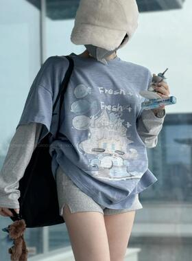 mooroo原创重磅印花秋季新品竹节棉假两件内搭圆领鱼鱼罐头T恤