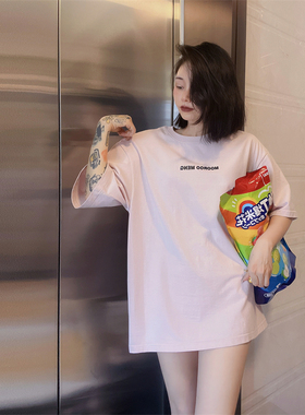 22年新品夏季原创潮牌ins风小众设计感重磅精梳棉粉色圆领短袖T恤