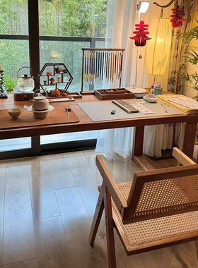 实木国学桌书房书法桌新中式茶书桌一体家用电脑桌办公桌书画桌