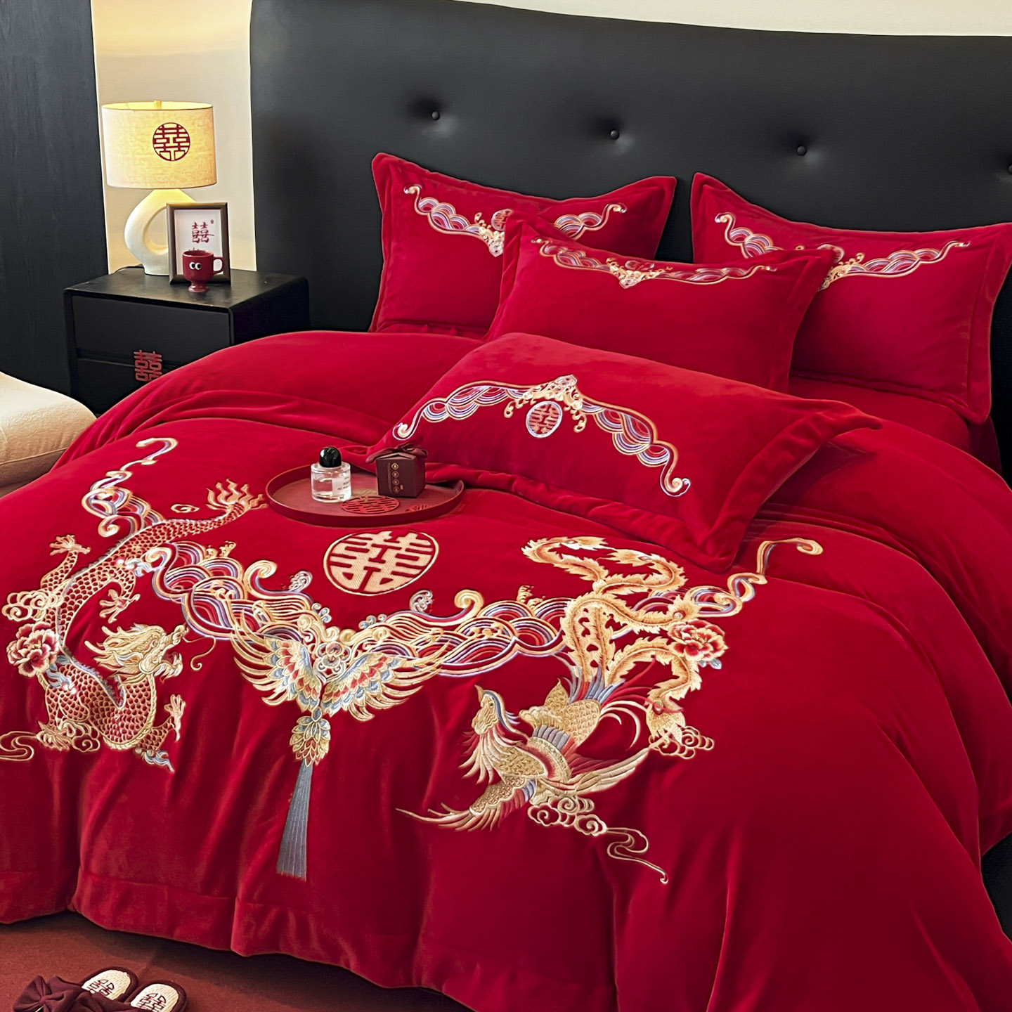 冬季大红牛奶绒四件套结婚防静电