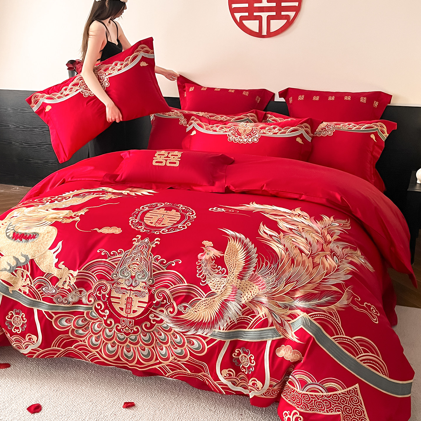 高档龙凤刺绣婚庆四件套红色喜庆结婚被套婚嫁婚床新婚房床上用品,床上用品,婚庆床品套件,淘宝优惠券,粉丝福利购,淘宝优惠卷