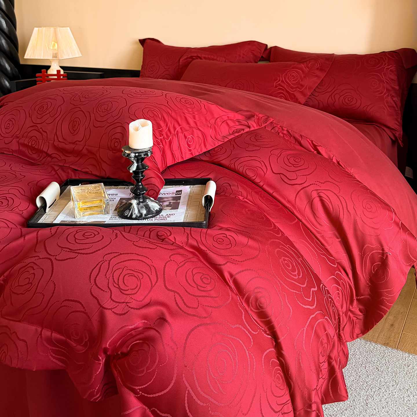 高档结婚四件套玫瑰提花婚庆床品