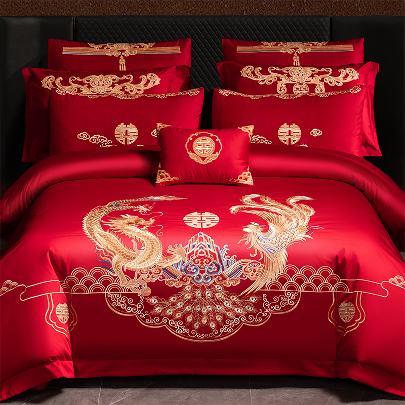 中式龙凤刺绣婚庆纯棉四件套180