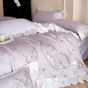 少女心浪漫蝴蝶刺绣超柔四件套高端A类纯棉裸睡被套床笠四季 床品4