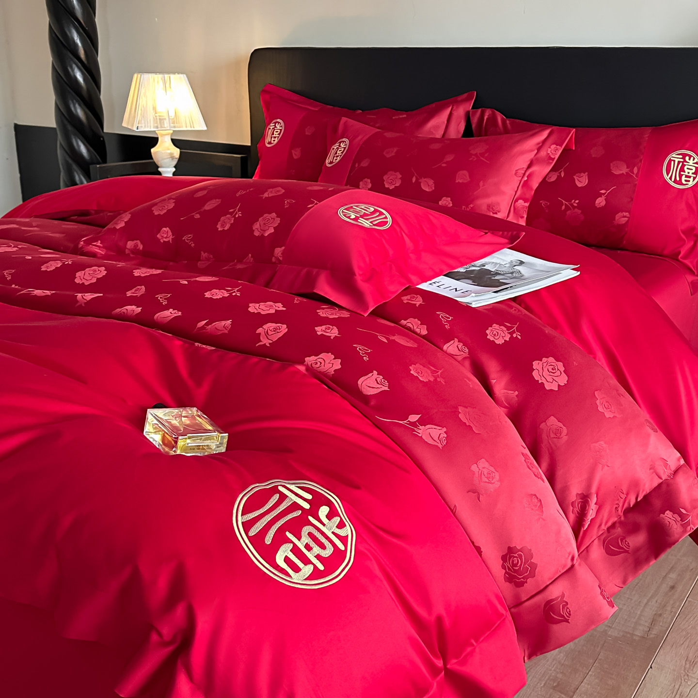 高档轻奢结婚四件套大红色婚庆喜字被套床笠新婚陪嫁床上用品婚房