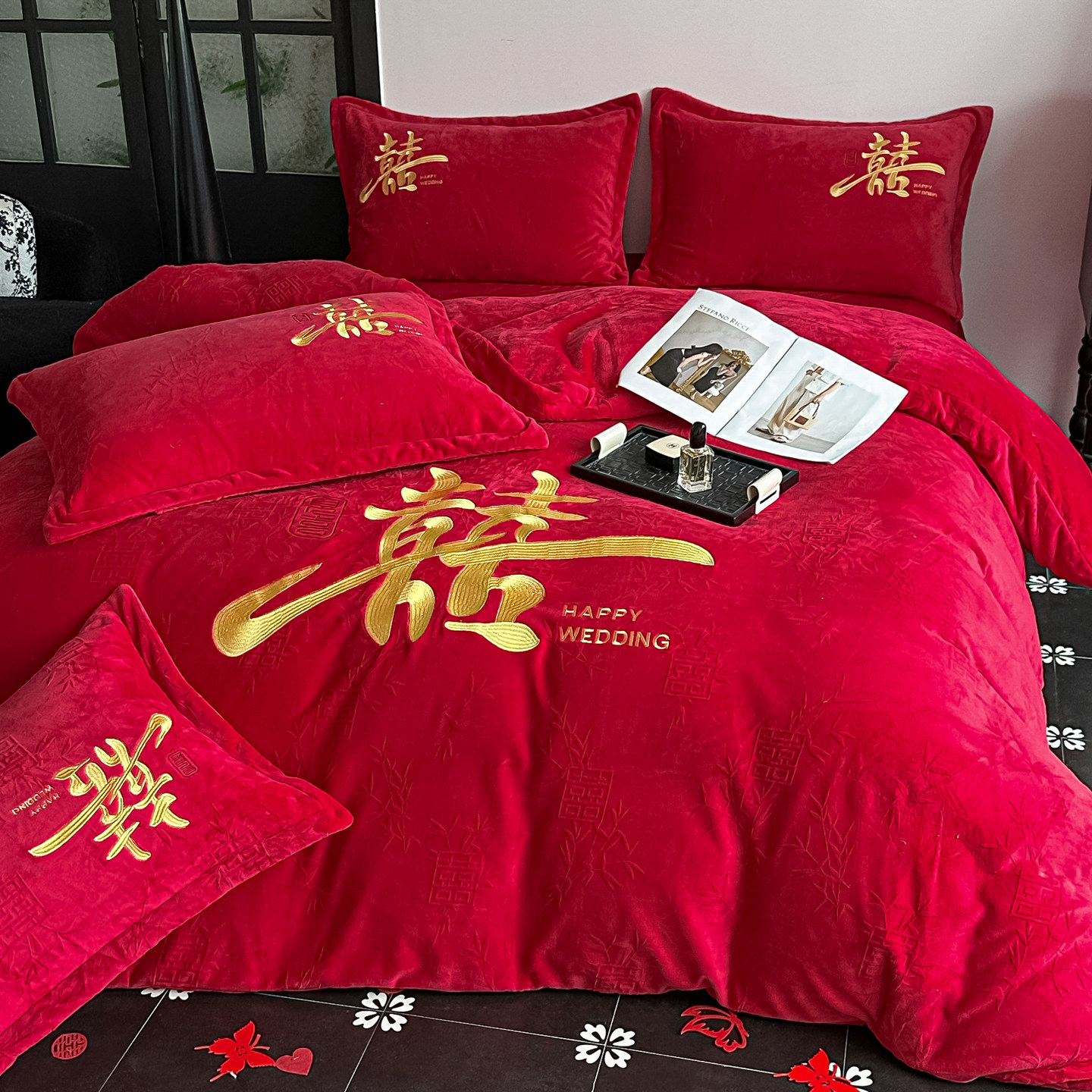 冬季结婚牛奶绒四件套红色婚庆珊瑚绒被套床单加厚喜被新婚房床品