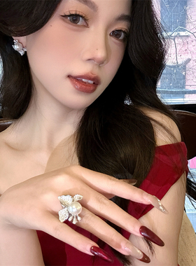 欧美复古鸢尾花宝石珍珠耳钉戒指