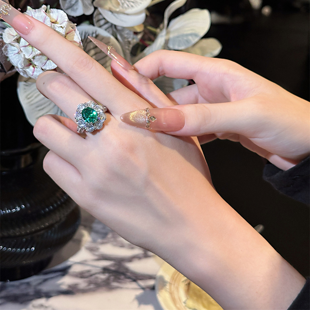 欧美彩色宝石椭圆薄荷绿太阳花锆石微镶轻奢 精致高级感开口戒指