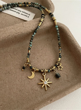 小众钛钢天然石星月短锁骨链